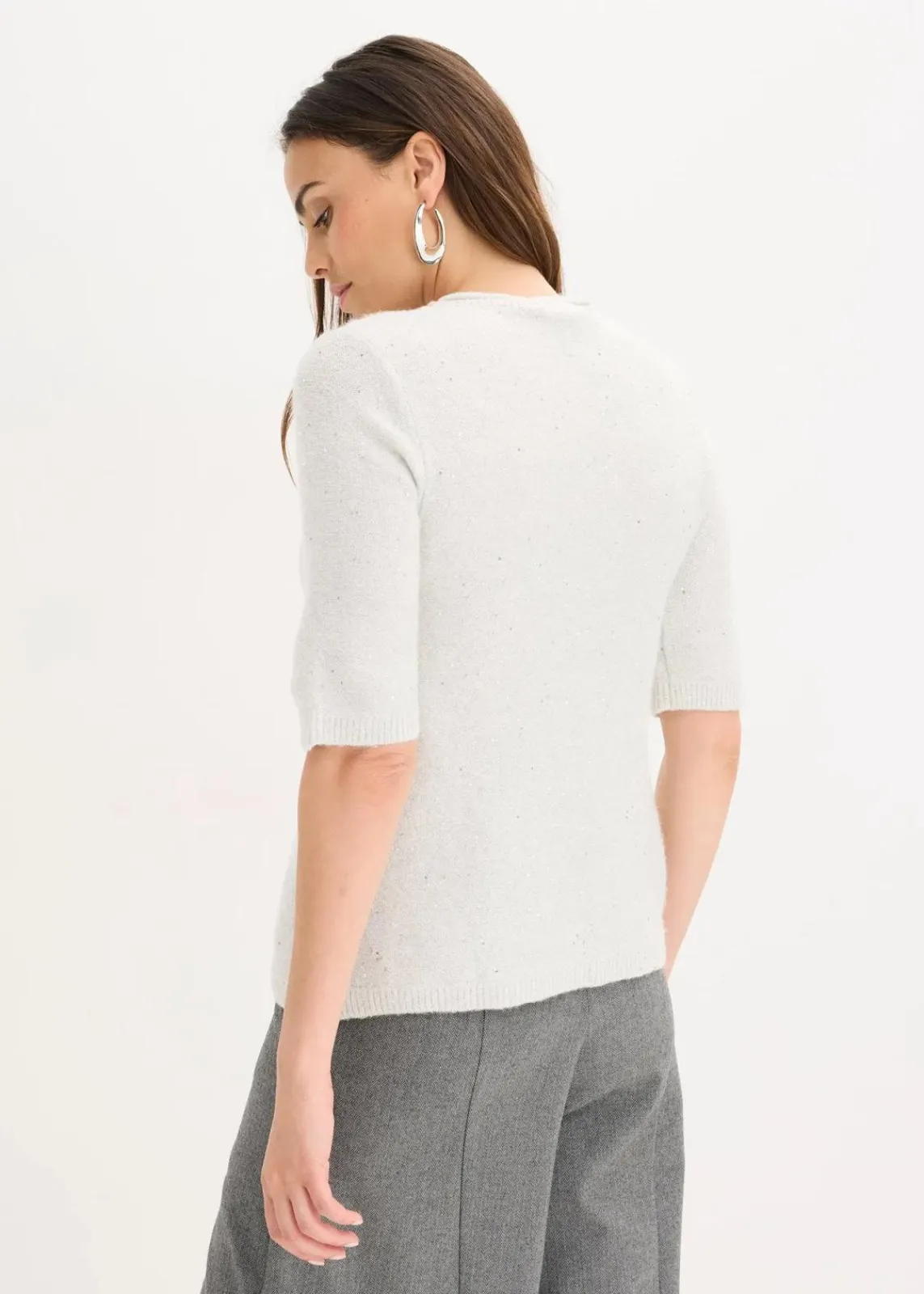 bonprix Strickmode|Pullover & Strickjacken^Halbarmpullover mit Pailletten und Glanzgarn puderweiß/metallic silber