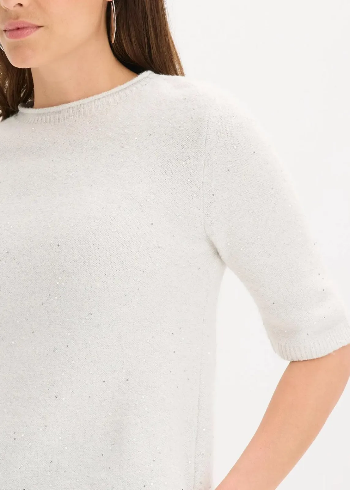 bonprix Strickmode|Pullover & Strickjacken^Halbarmpullover mit Pailletten und Glanzgarn puderweiß/metallic silber