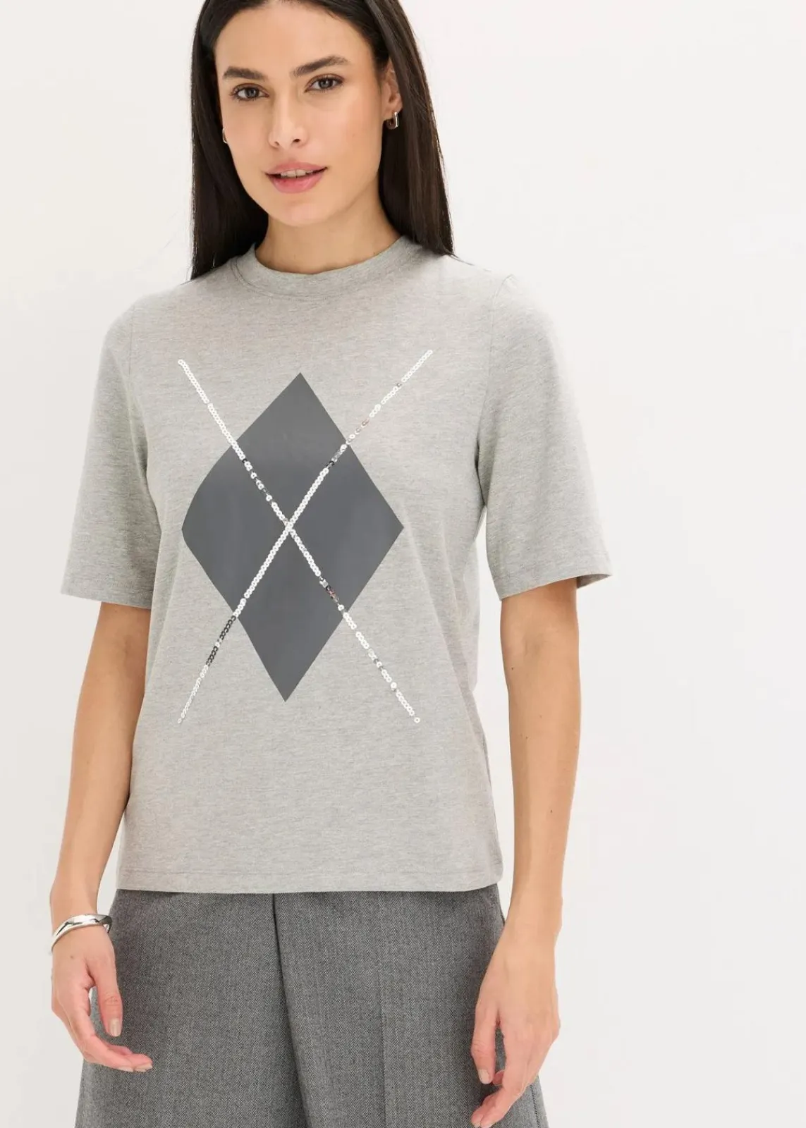 bonprix Shirts & Tops^Halbarmshirt mit Pailetten und Druck hellgrau meliert