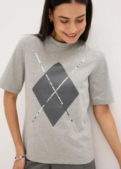 bonprix Shirts & Tops^Halbarmshirt mit Pailetten und Druck hellgrau meliert