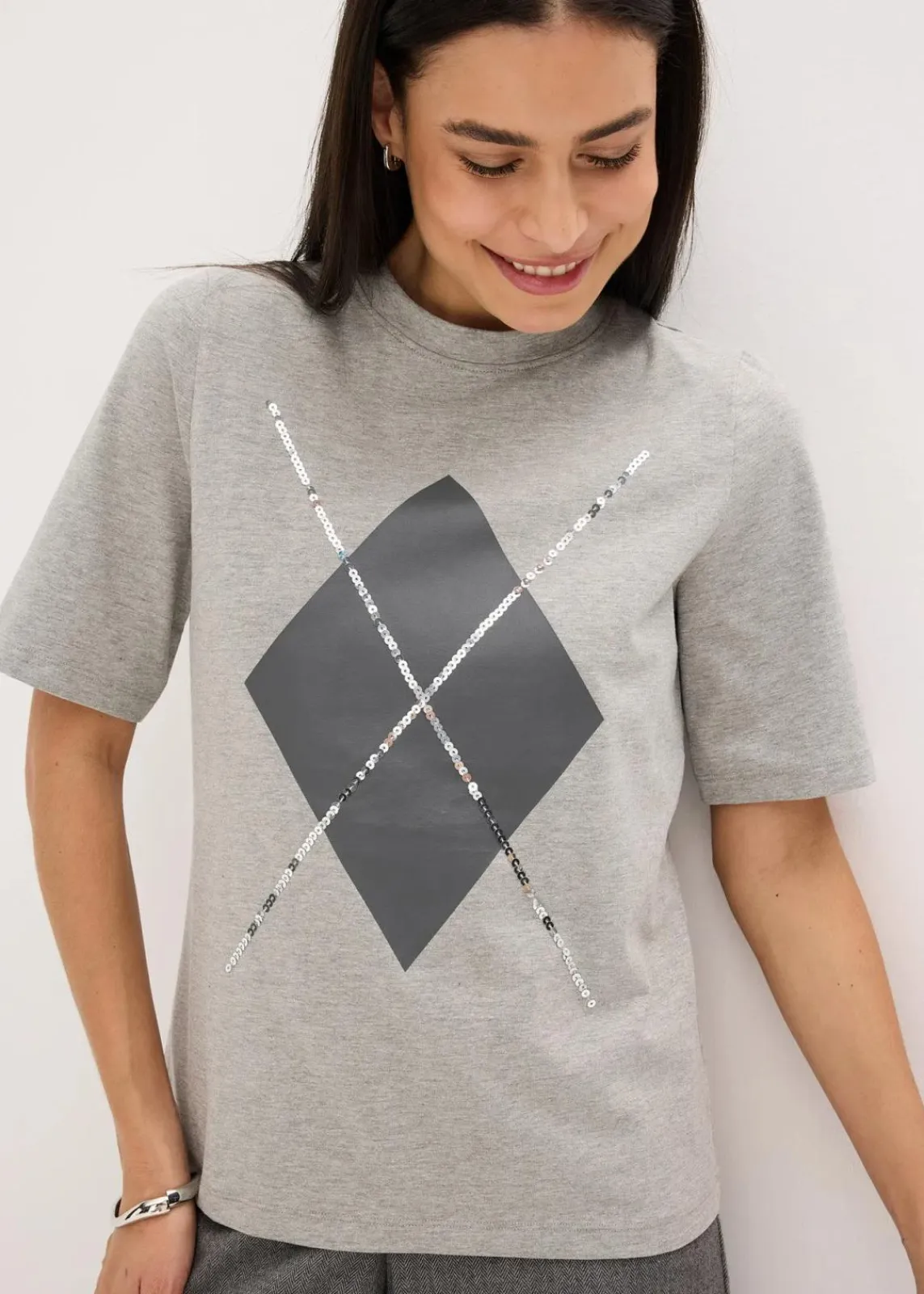 bonprix Shirts & Tops^Halbarmshirt mit Pailetten und Druck hellgrau meliert