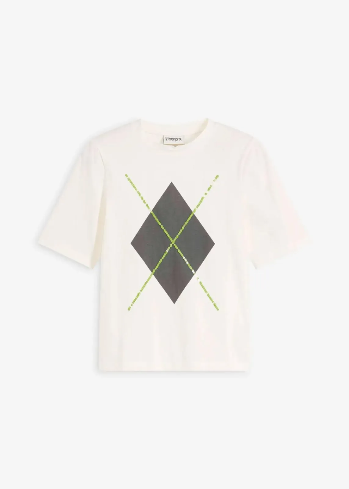 bonprix Shirts & Tops^Halbarmshirt mit Pailetten und Druck wollweiß