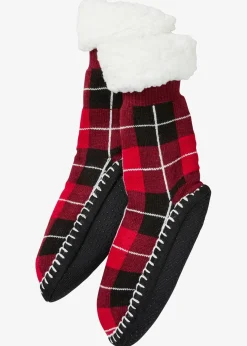 bonprix Pantoletten, Sandalen & Hausschuhe|Socken^Haussocken mit angenähter Sohle und Teddyfutter schwarz kariert