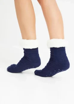 bonprix Nachhaltigere Materialien|Socken & Strumpfhosen^Haussocken mit Teddyfutter mit recyceltem Polyester (2er Pack) dunkellila + mitternachtsblau​
