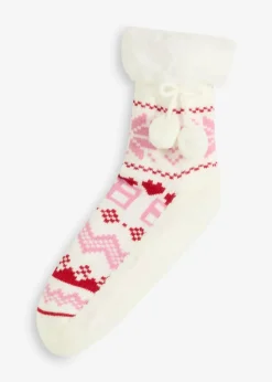 bonprix Homewear|Socken & Strumpfhosen^Haussocken mit Teddyfutter und angenähter Sohle rosa/rot/wollweiß gemustert