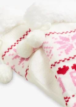 bonprix Homewear|Socken & Strumpfhosen^Haussocken mit Teddyfutter und angenähter Sohle rosa/rot/wollweiß gemustert
