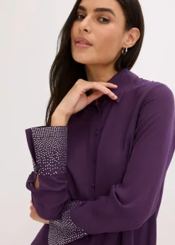 bonprix Bekleidung·Jacken & Mäntel|Blusen & Tuniken^Hemdbluse mit Glitzersteinchen dunkellila