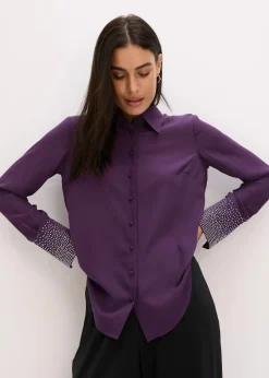 bonprix Bekleidung·Jacken & Mäntel|Blusen & Tuniken^Hemdbluse mit Glitzersteinchen dunkellila
