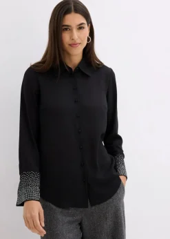 bonprix Blusen & Tuniken|Bekleidung·Jacken & Mäntel^Hemdbluse mit Glitzersteinchen schwarz