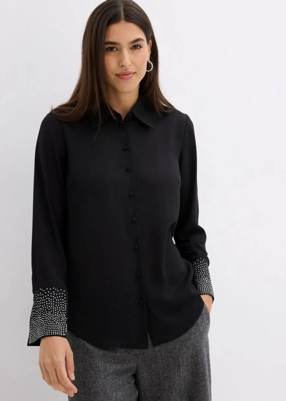 bonprix Blusen & Tuniken|Bekleidung·Jacken & Mäntel^Hemdbluse mit Glitzersteinchen schwarz