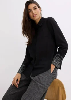 bonprix Blusen & Tuniken|Bekleidung·Jacken & Mäntel^Hemdbluse mit Glitzersteinchen schwarz