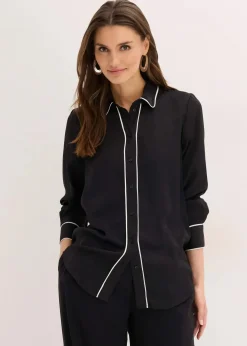 bonprix Bekleidung·Jacken & Mäntel|Blusen & Tuniken^Hemdbluse aus fließendem Satin schwarz/wollweiß