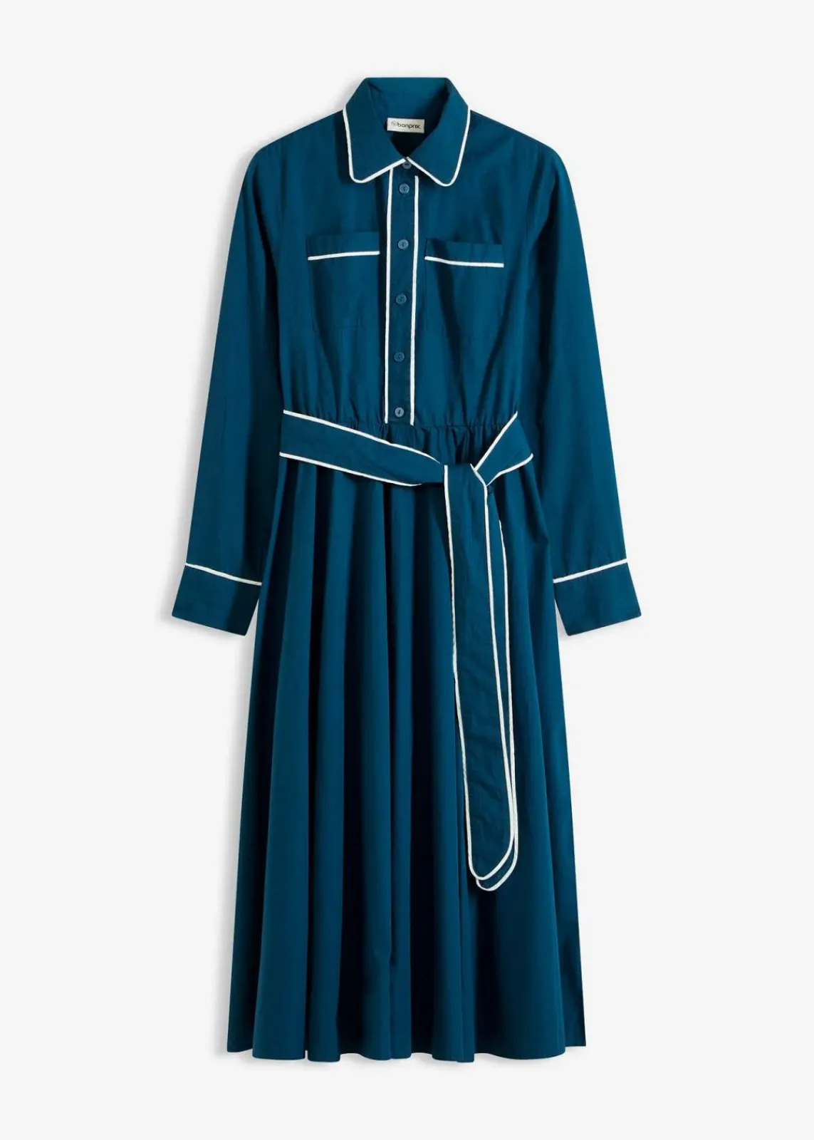 bonprix Kleider|Bekleidung·Pullover & Strickjacken^Hemdblusenkleid aus Baumwoll-Popeline mit bügelfreier Ausrüstung blaupetrol/wollweiß