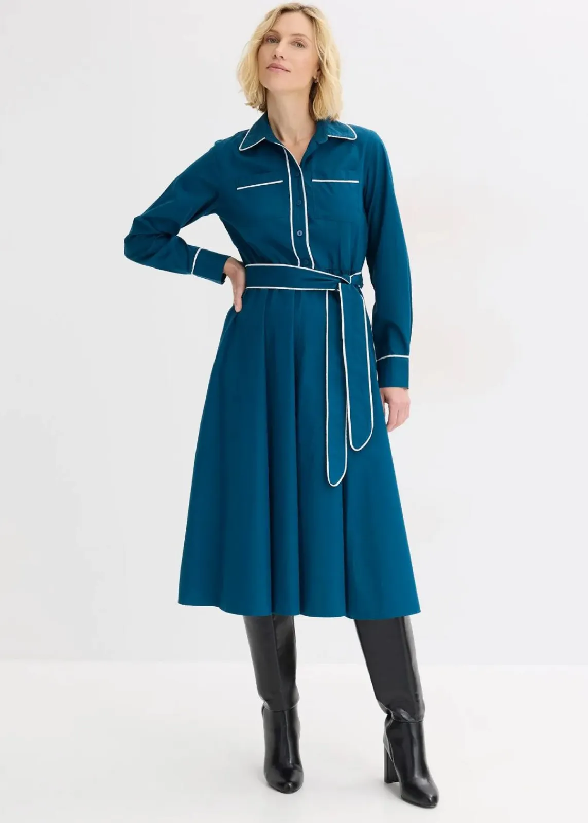 bonprix Kleider|Bekleidung·Pullover & Strickjacken^Hemdblusenkleid aus Baumwoll-Popeline mit bügelfreier Ausrüstung blaupetrol/wollweiß