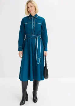bonprix Kleider|Bekleidung·Pullover & Strickjacken^Hemdblusenkleid aus Baumwoll-Popeline mit bügelfreier Ausrüstung blaupetrol/wollweiß
