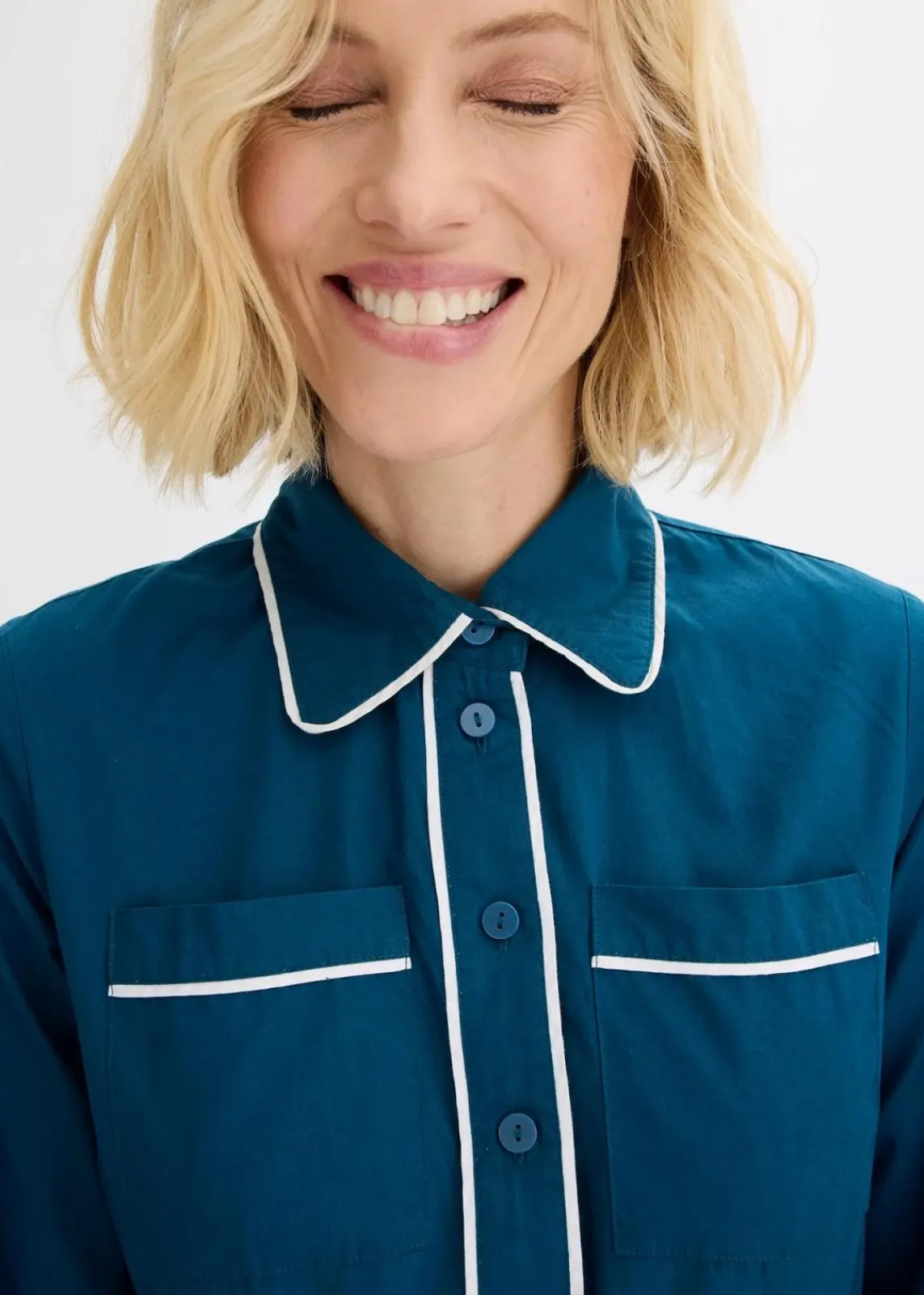bonprix Kleider|Bekleidung·Pullover & Strickjacken^Hemdblusenkleid aus Baumwoll-Popeline mit bügelfreier Ausrüstung blaupetrol/wollweiß