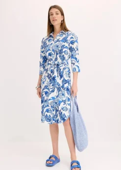 bonprix Kleider^Hemdblusenkleid aus Baumwoll-Mix weiß/gletscherblau floral