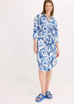bonprix Kleider^Hemdblusenkleid aus Baumwoll-Mix weiß/gletscherblau floral