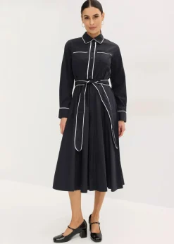 bonprix Bekleidung·Pullover & Strickjacken|Kleider^Hemdblusenkleid aus Baumwoll-Popeline mit bügelfreier Ausrüstung schwarz/wollweiß