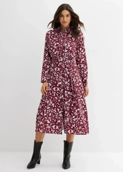 bonprix Bekleidung·Pullover & Strickjacken|Kleider^Hemdblusenkleid aus fließender Viskose rubinrot/flieder bedruckt