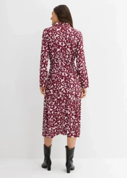 bonprix Bekleidung·Pullover & Strickjacken|Kleider^Hemdblusenkleid aus fließender Viskose rubinrot/flieder bedruckt