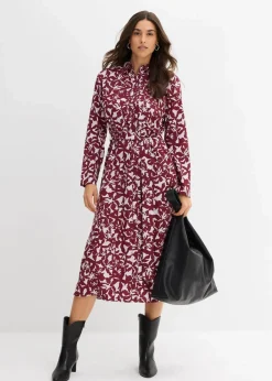 bonprix Bekleidung·Pullover & Strickjacken|Kleider^Hemdblusenkleid aus fließender Viskose rubinrot/flieder bedruckt
