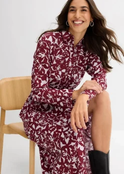 bonprix Bekleidung·Pullover & Strickjacken|Kleider^Hemdblusenkleid aus fließender Viskose rubinrot/flieder bedruckt