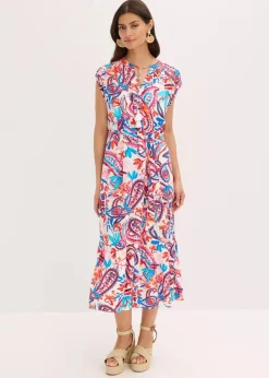 bonprix Kleider|Bekleidung·Pullover & Strickjacken^Hemdblusenkleid aus fließender Viscose wollweiß/mango/erdbeere/rosa/gletscherblau floral