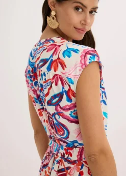 bonprix Kleider|Bekleidung·Pullover & Strickjacken^Hemdblusenkleid aus fließender Viscose wollweiß/mango/erdbeere/rosa/gletscherblau floral