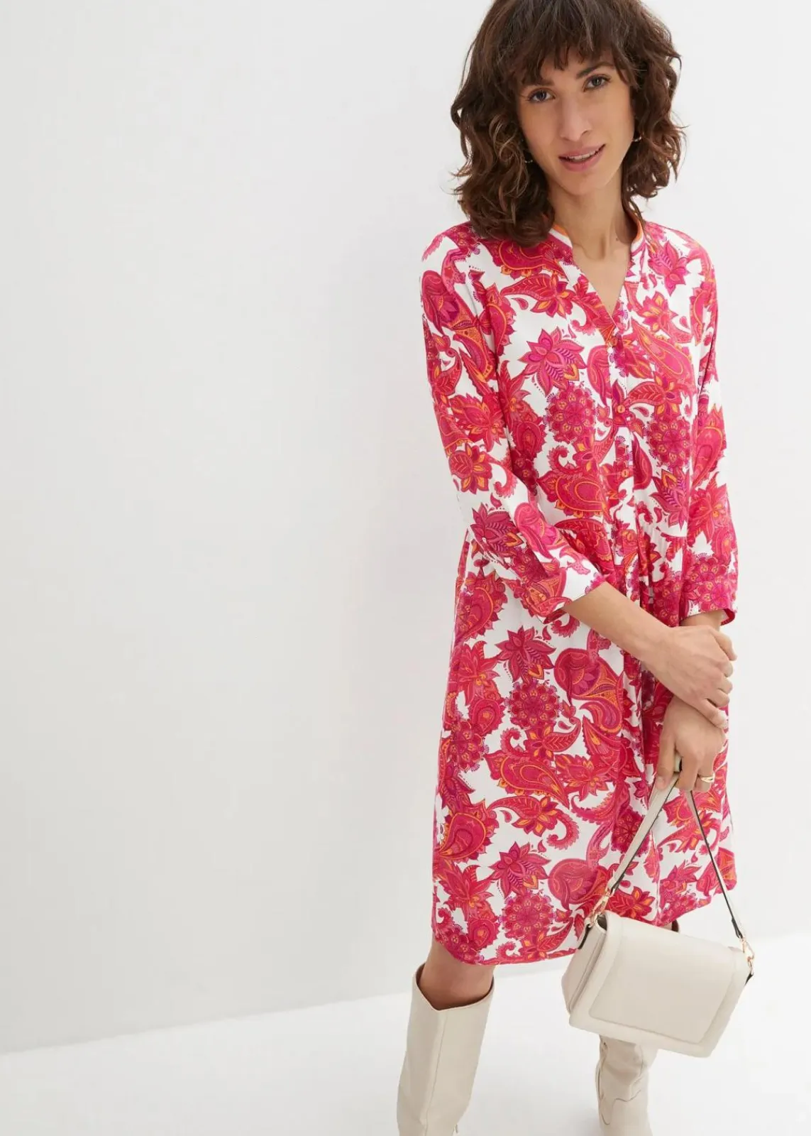 bonprix Bekleidung·Pullover & Strickjacken|Kleider^Hemdblusenkleid aus fließender Viskose pinklady bedruckt