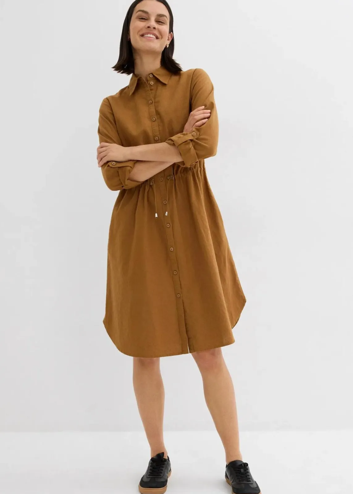 bonprix Kleider|Bekleidung·Pullover & Strickjacken^Hemdblusenkleid aus Leinen-Baumwoll-Mix cognac braun