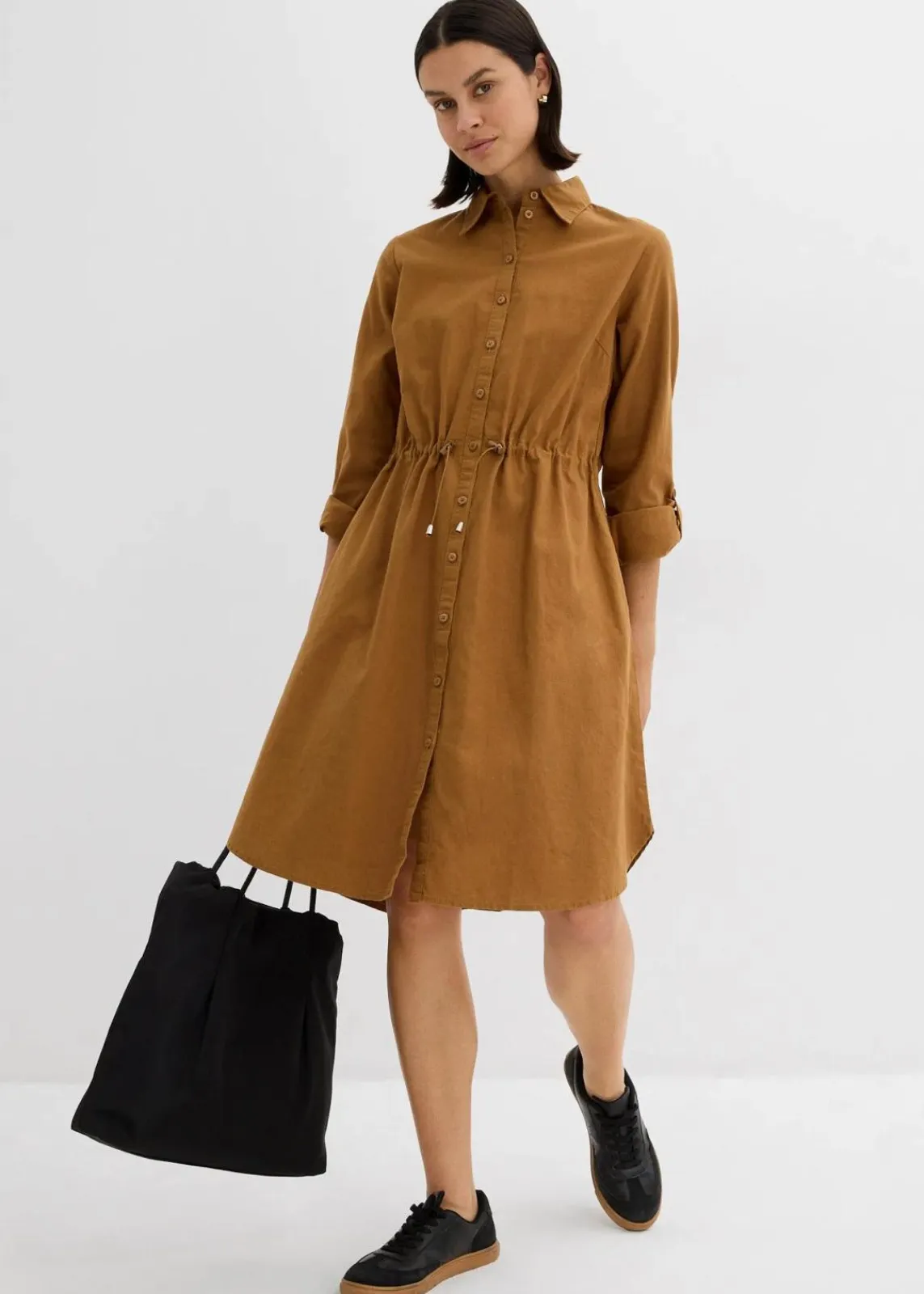 bonprix Kleider|Bekleidung·Pullover & Strickjacken^Hemdblusenkleid aus Leinen-Baumwoll-Mix cognac braun