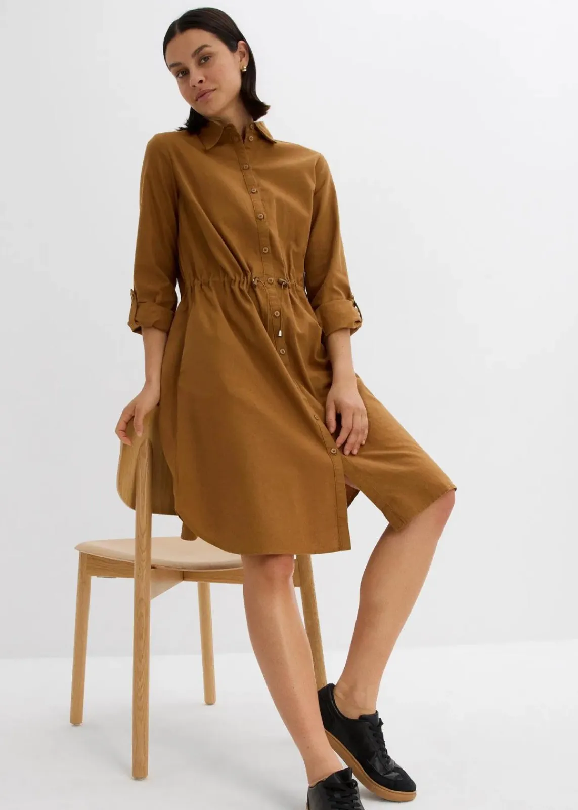 bonprix Kleider|Bekleidung·Pullover & Strickjacken^Hemdblusenkleid aus Leinen-Baumwoll-Mix cognac braun
