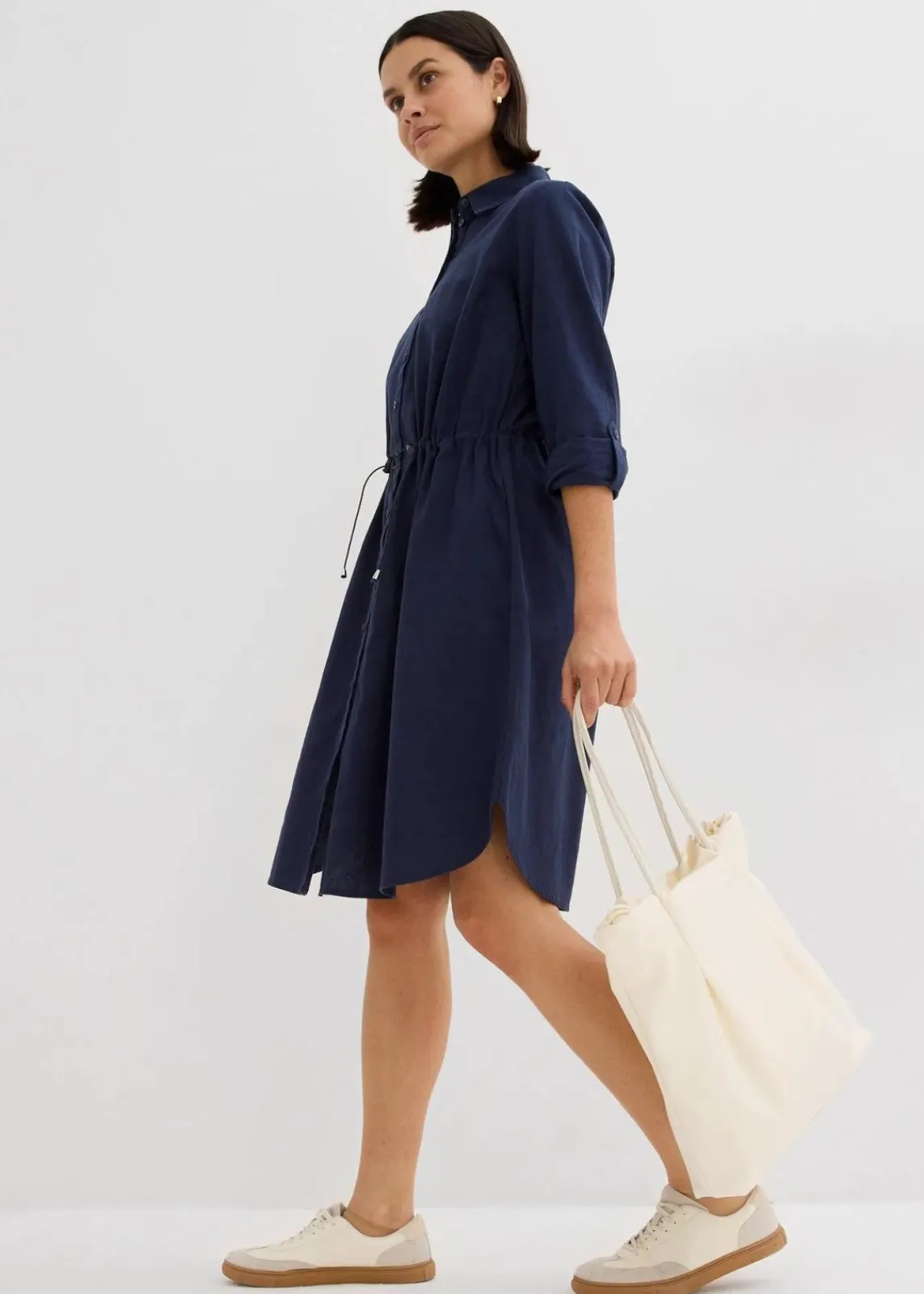 bonprix Kleider|Bekleidung·Pullover & Strickjacken^Hemdblusenkleid aus Leinen-Baumwoll-Mix dunkelblau