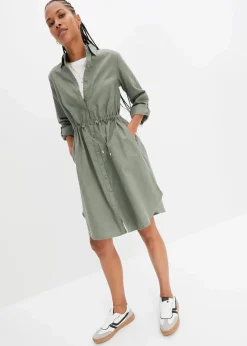 bonprix Bekleidung·Pullover & Strickjacken|Kleider^Hemdblusenkleid aus Leinen-Baumwoll-Mix oliv