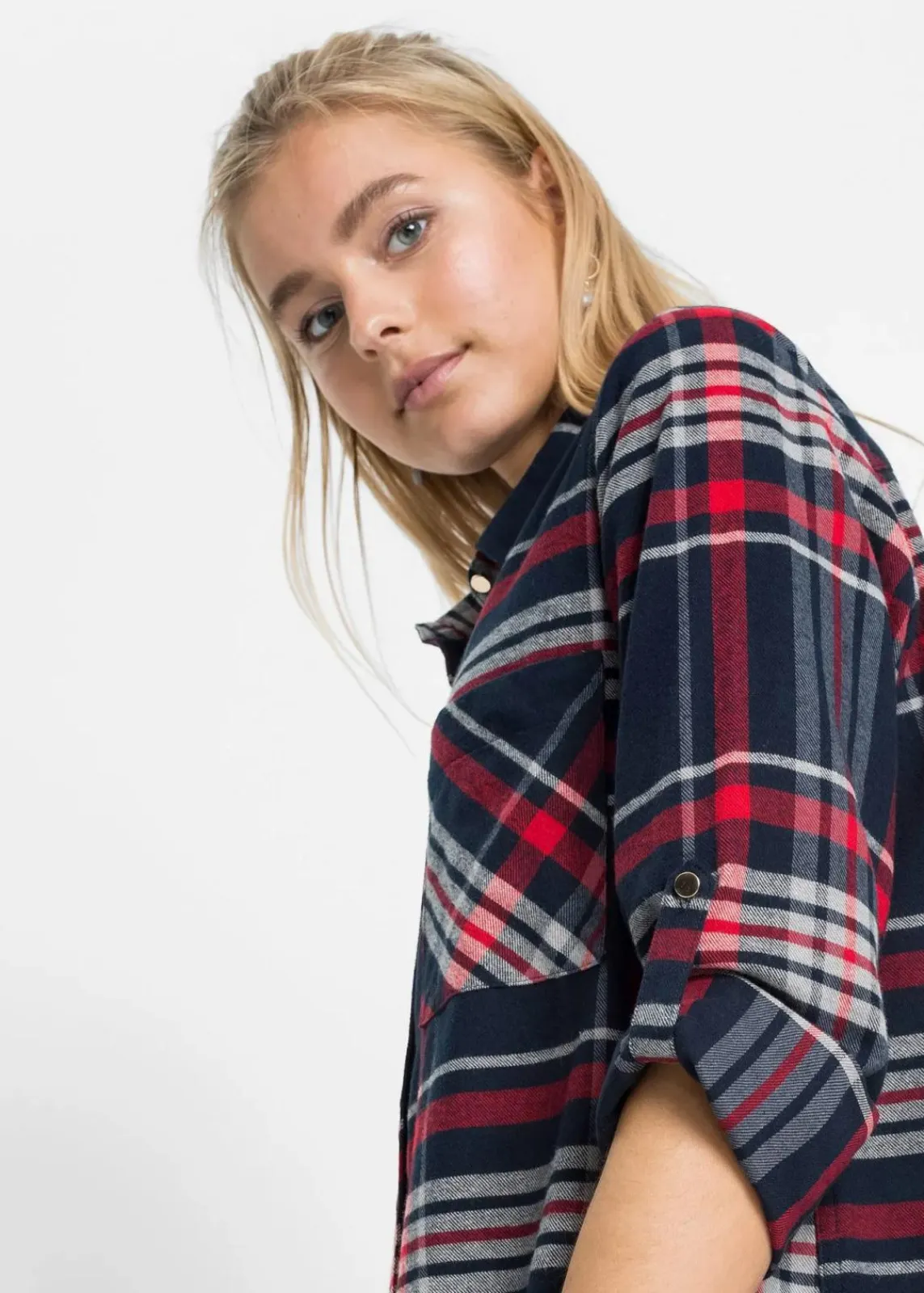 bonprix Bekleidung·Pullover & Strickjacken|Kleider^Hemdblusenkleid aus reiner Baumwolle dunkelblau/rot/weiß kariert