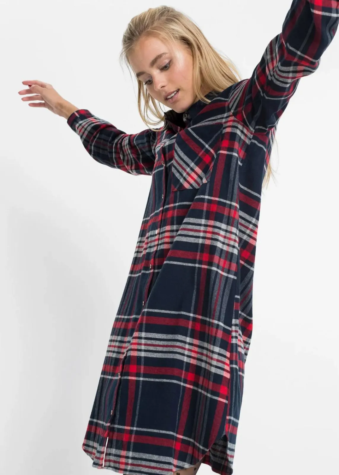 bonprix Bekleidung·Pullover & Strickjacken|Kleider^Hemdblusenkleid aus reiner Baumwolle dunkelblau/rot/weiß kariert