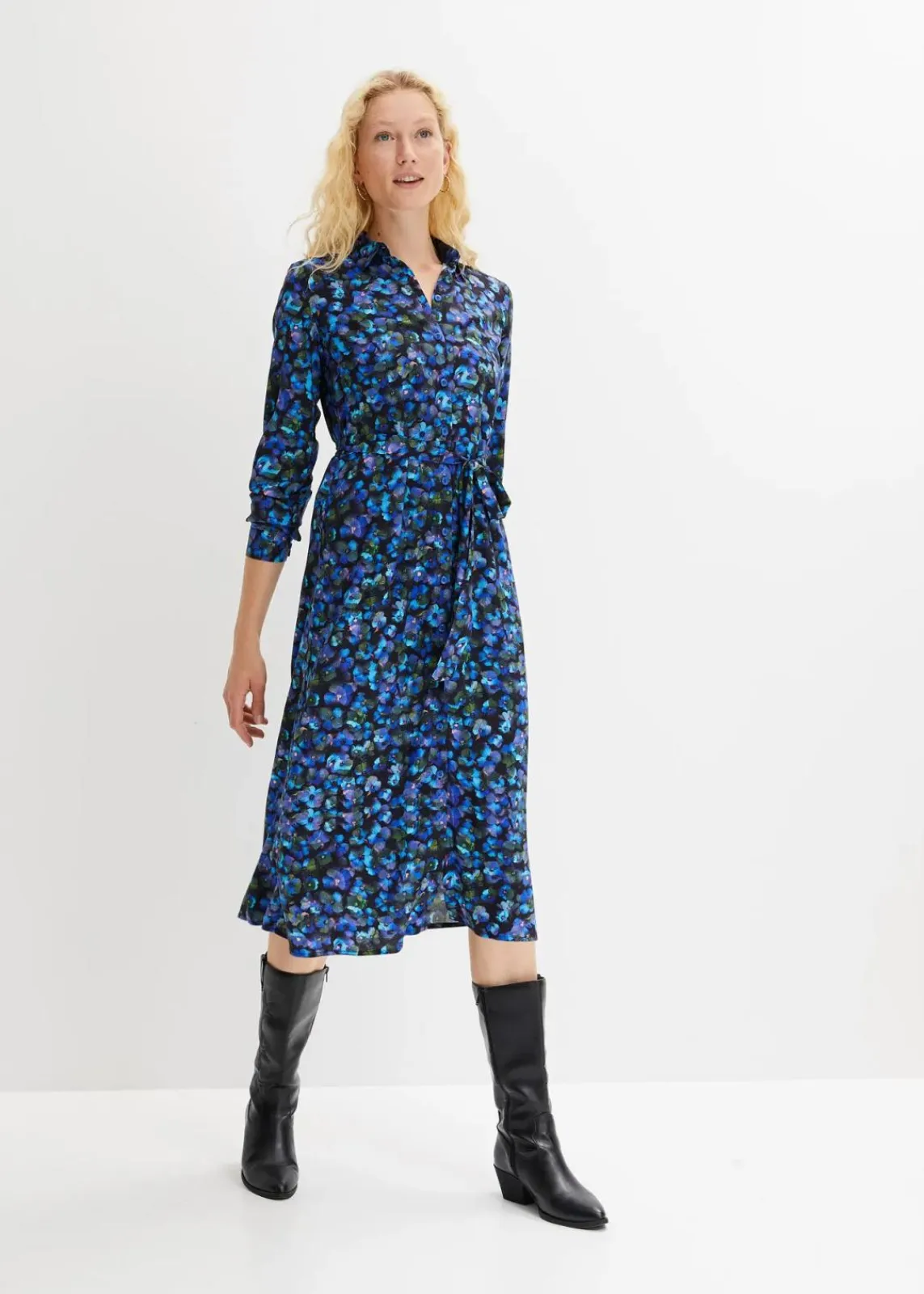 bonprix Bekleidung·Pullover & Strickjacken|Kleider^Hemdblusenkleid aus reiner Viskose blau geblümt