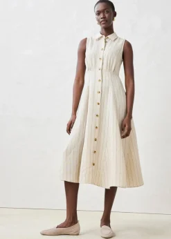 bonprix Bekleidung·Pullover & Strickjacken|Premium^Hemdblusenkleid aus reinem Leinen hellsand gestreift