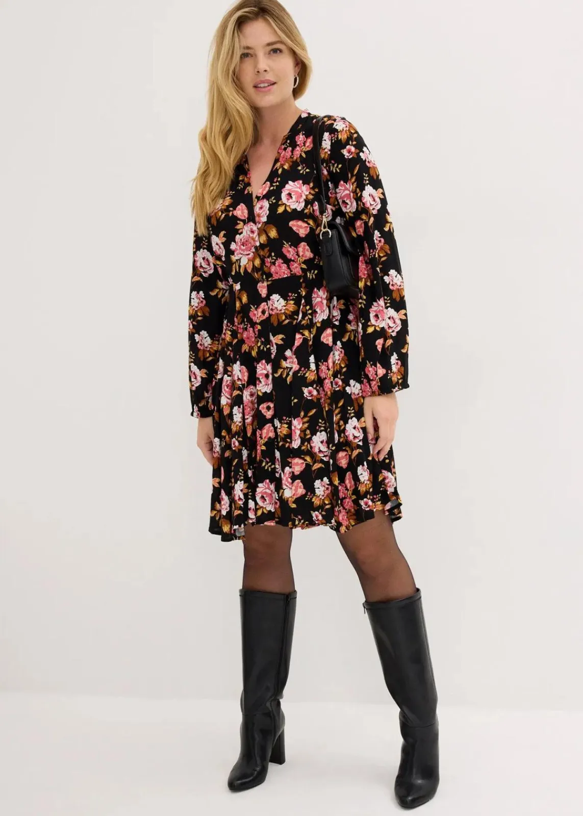 bonprix Bekleidung·Pullover & Strickjacken^Hemdblusenkleid aus reiner Viskose schwarz geblümt