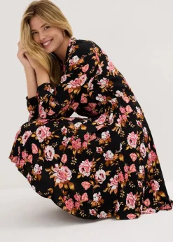 bonprix Bekleidung·Pullover & Strickjacken^Hemdblusenkleid aus reiner Viskose schwarz geblümt
