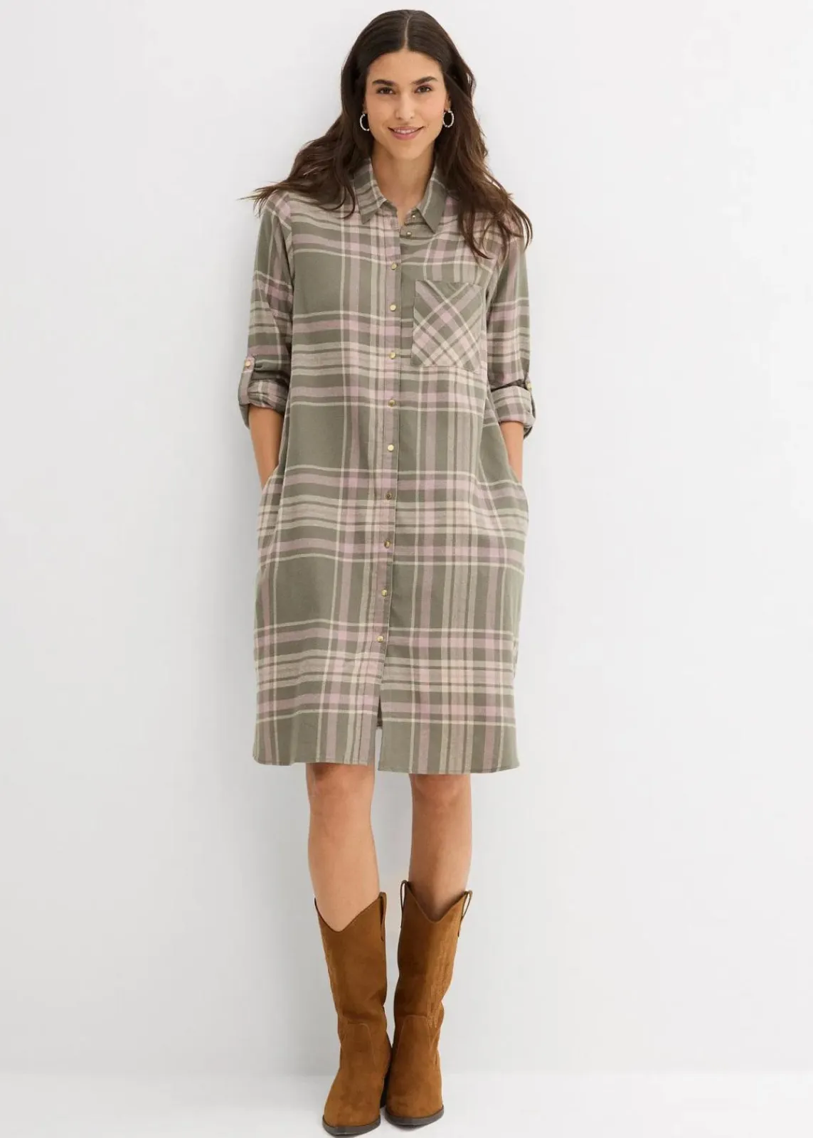 bonprix Kleider|Bekleidung·Pullover & Strickjacken^Hemdblusenkleid aus reiner Baumwolle oliv/rosenholz/weiß kariert