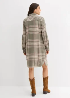 bonprix Kleider|Bekleidung·Pullover & Strickjacken^Hemdblusenkleid aus reiner Baumwolle oliv/rosenholz/weiß kariert