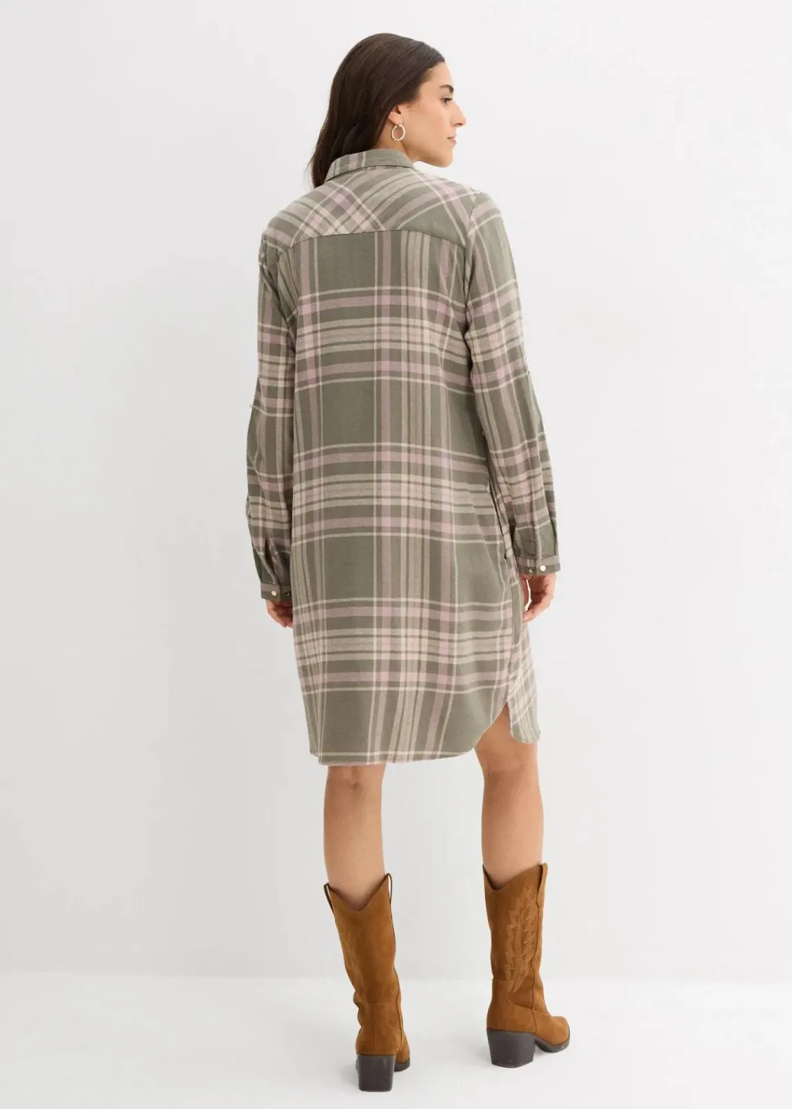 bonprix Kleider|Bekleidung·Pullover & Strickjacken^Hemdblusenkleid aus reiner Baumwolle oliv/rosenholz/weiß kariert