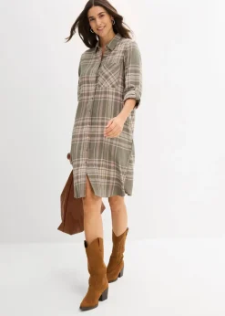 bonprix Kleider|Bekleidung·Pullover & Strickjacken^Hemdblusenkleid aus reiner Baumwolle oliv/rosenholz/weiß kariert