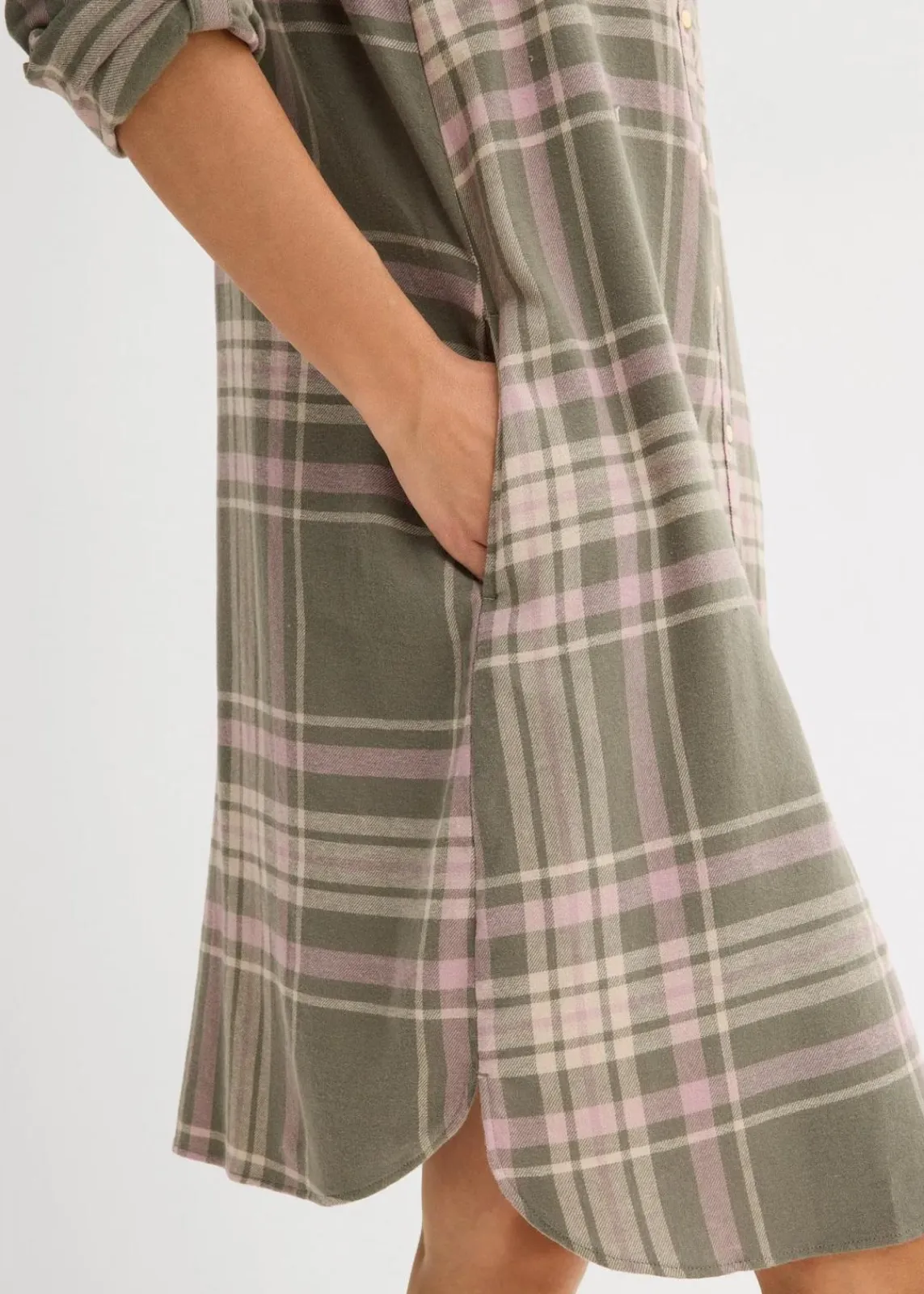 bonprix Kleider|Bekleidung·Pullover & Strickjacken^Hemdblusenkleid aus reiner Baumwolle oliv/rosenholz/weiß kariert