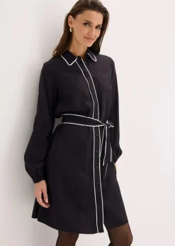 bonprix Bekleidung·Pullover & Strickjacken|Kleider^Hemdblusenkleid aus reiner Viskose schwarz/wollweiß