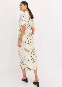bonprix Bekleidung·Pullover & Strickjacken|Kleider^Hemdblusenkleid aus Viskose mit Bindeband (2.-tlg.) puderblau/naturbeige floral