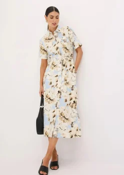 bonprix Bekleidung·Pullover & Strickjacken|Kleider^Hemdblusenkleid aus Viskose mit Bindeband (2.-tlg.) puderblau/naturbeige floral