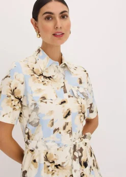 bonprix Bekleidung·Pullover & Strickjacken|Kleider^Hemdblusenkleid aus Viskose mit Bindeband (2.-tlg.) puderblau/naturbeige floral